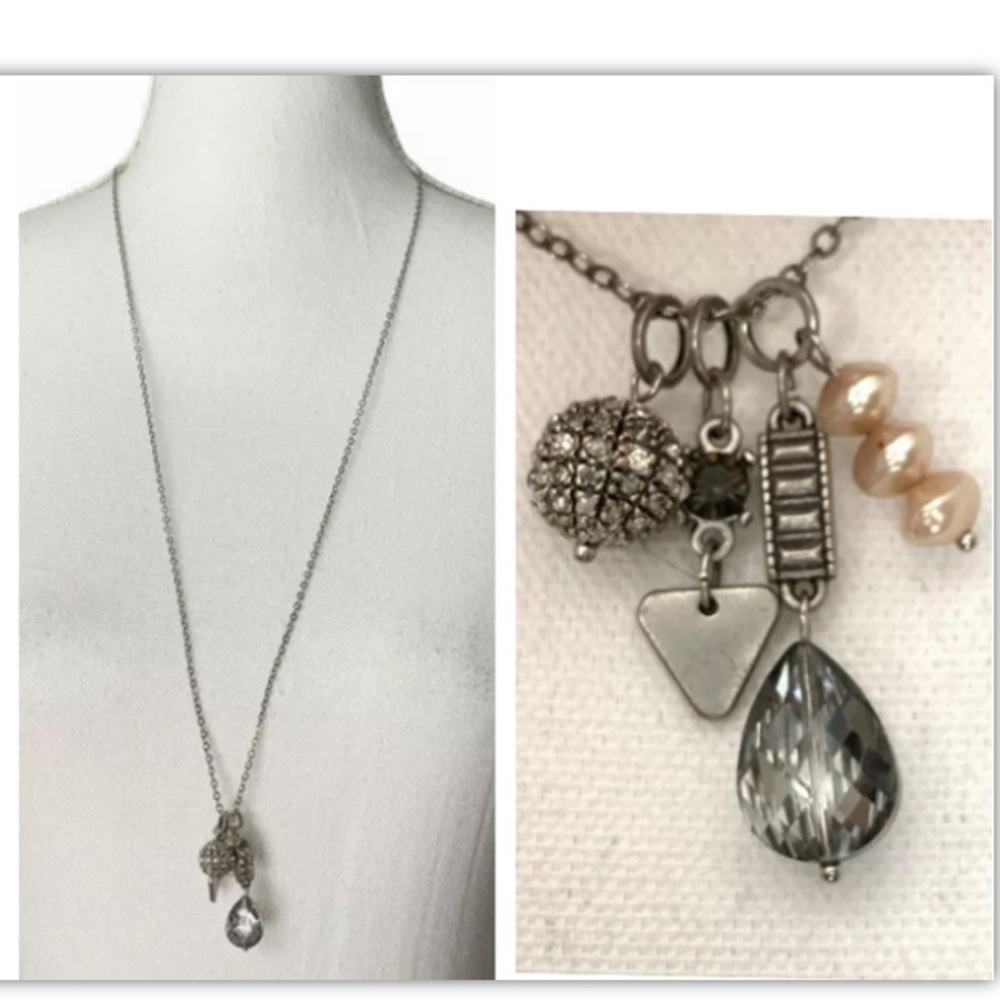 AERO Silver Tone Long Necklace charms Pendants Crystals